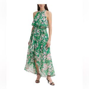 Eliza J Floral-Print High-Low Chiffon Gown Green Halter Maxi Dress